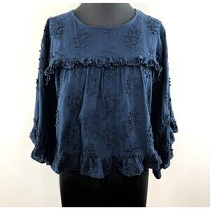 HICHE Navy Blue 3/4 Sleeve Round Neck Embroidered Floral Ruffle Yoke Flowy Top M